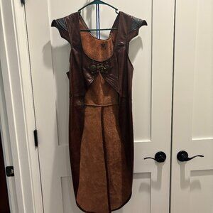 Fantasy Cosplay Leather Vest with Tails, Brown and Green with Brass Trim, Medium